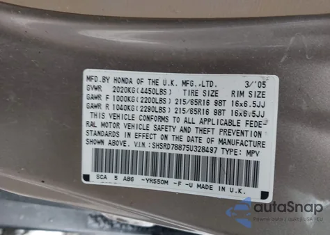 2005 Honda Cr-V Ex из США, поврежденный, VIN SHSRD78875U328497